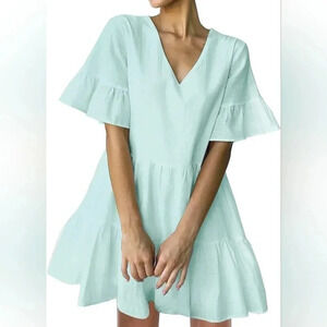 Fancyinn V Neck Bell Sleeve Babydoll Dress